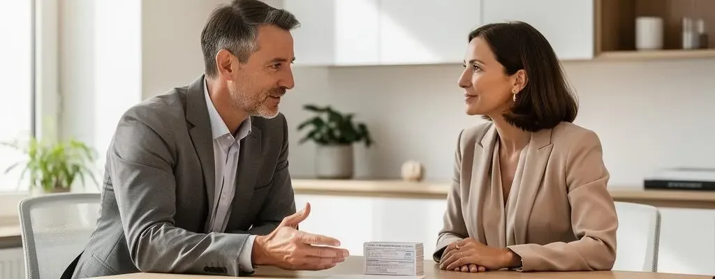Conseiller en gestion de patrimoine rencontrant une cliente pour discuter de son contrat d'assurance vie dans un bureau moderne