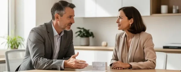 Conseiller en gestion de patrimoine rencontrant une cliente pour discuter de son contrat d'assurance vie dans un bureau moderne