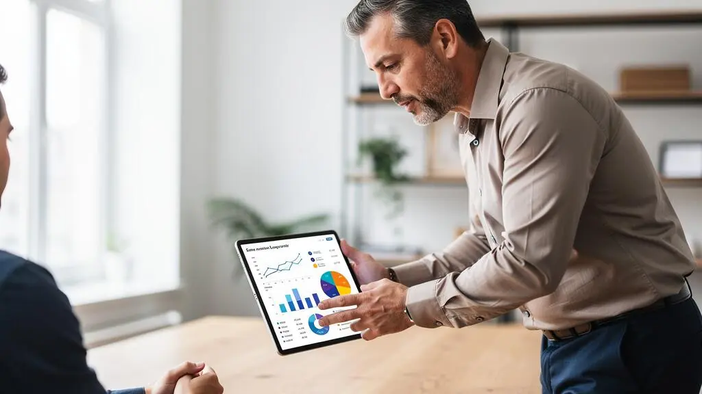 Conseiller financier debout expliquant les critères de performance d'un contrat d'assurance vie à un client via une tablette