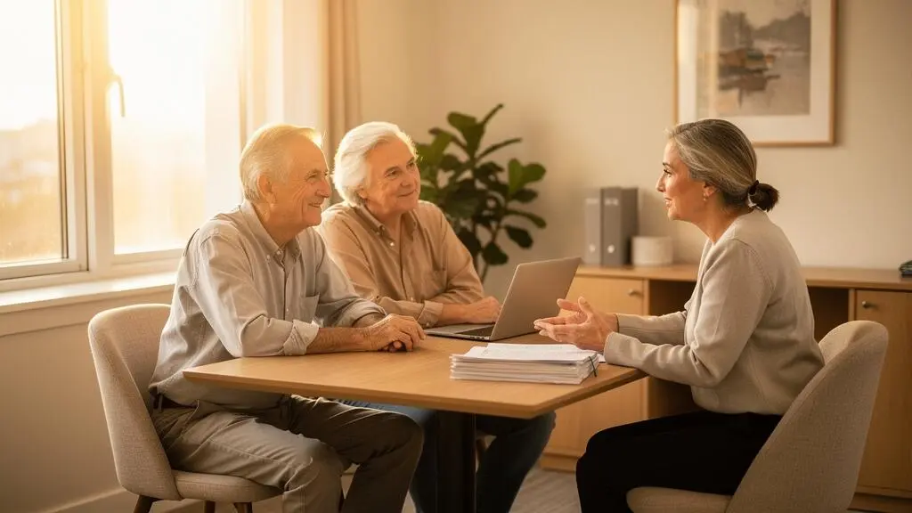 Couple de seniors en consultation avec un conseiller en gestion de patrimoine pour optimiser leur épargne et planification successorale